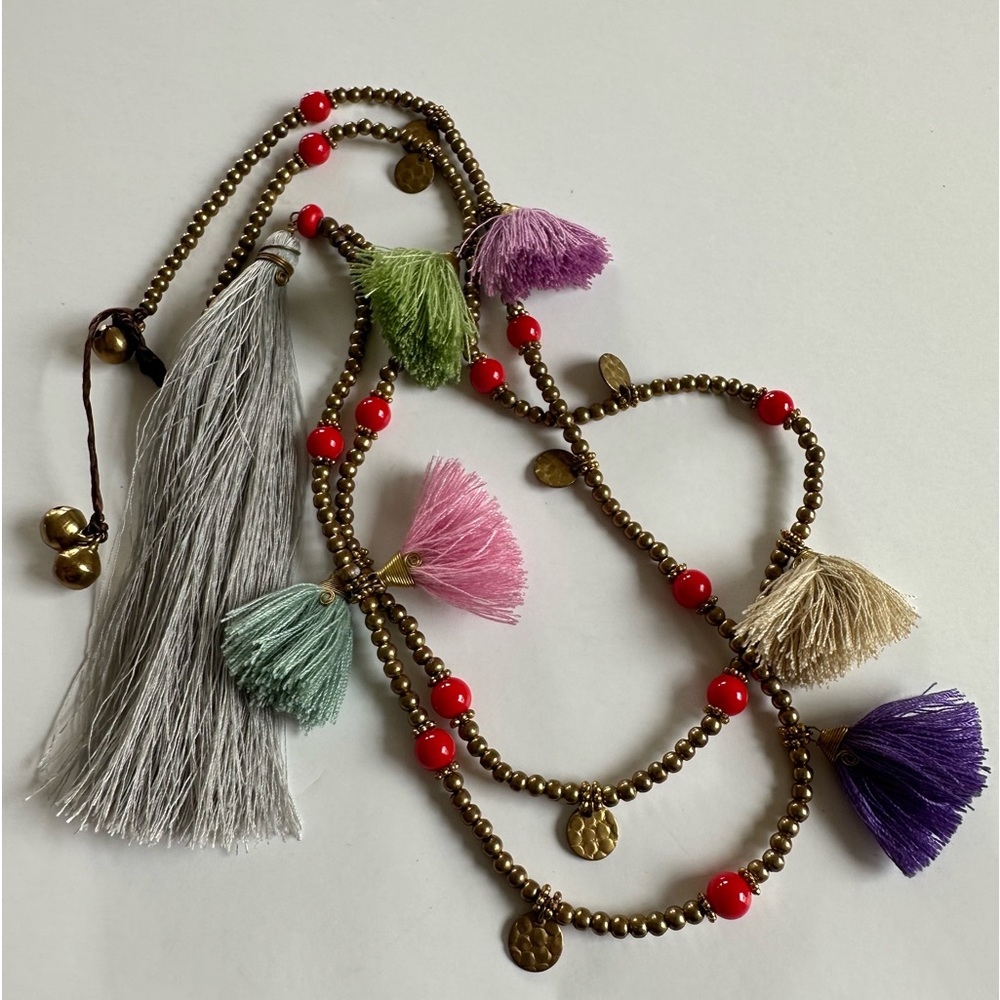Tassel gold bead necklace boho festival jewelry jingle bells 16in drop 20in - Picture 1 of 4